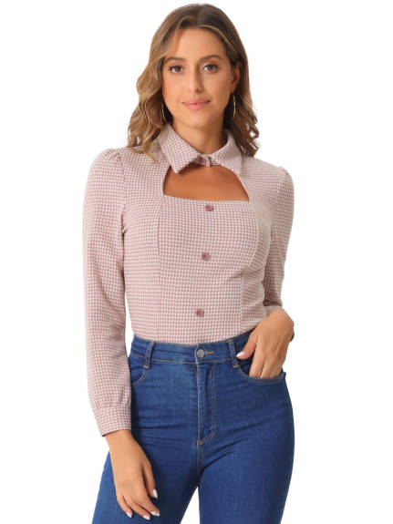 Allegra K- Houndstooth Print Choker Neck Puff Sleeve Blouse