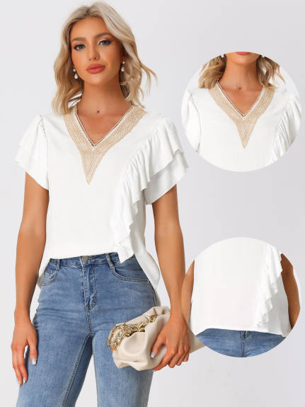 Allegra K - Ruffle Short Sleeve V Neck Blouse