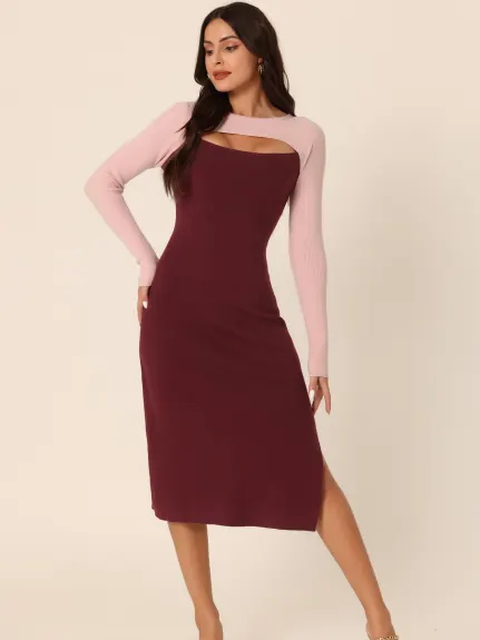 Allegra K- Crew Neck Stretch Cutout Block Ribbed Knit Midi Sweater Dress