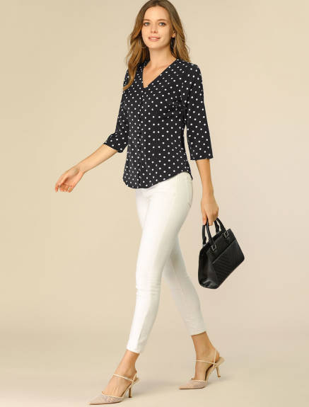 Allegra K- Polka Dots 3/4 Sleeve Button Front Blouse