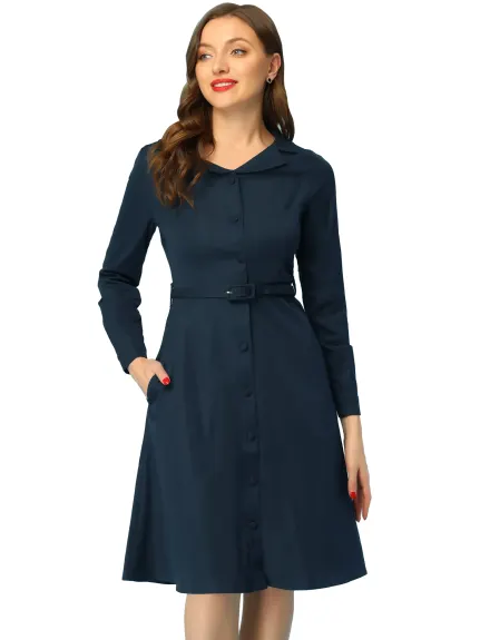 Allegra K- Belted Flat Collar Long Sleeve Retro Shirt Dress