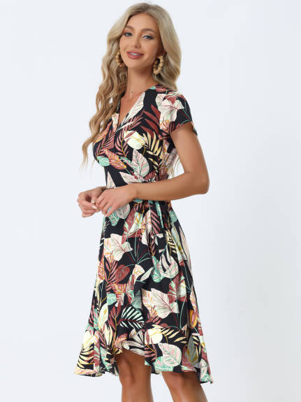 Allegra K- Midi Wrap Fit and Flare Summer Tropical Floral Dress