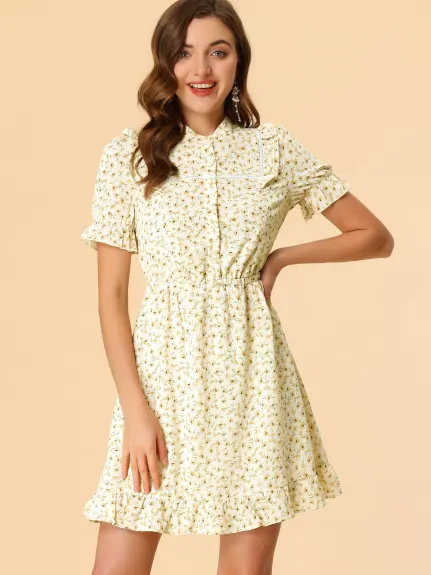 Allegra K- Ditsy Floral Button Front Waist Ruffle Hem Dress