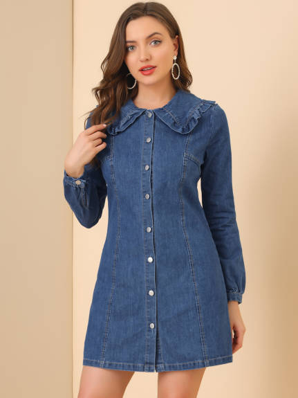 Allegra K- Jean Ruffle Collar Denim Button Down Dress