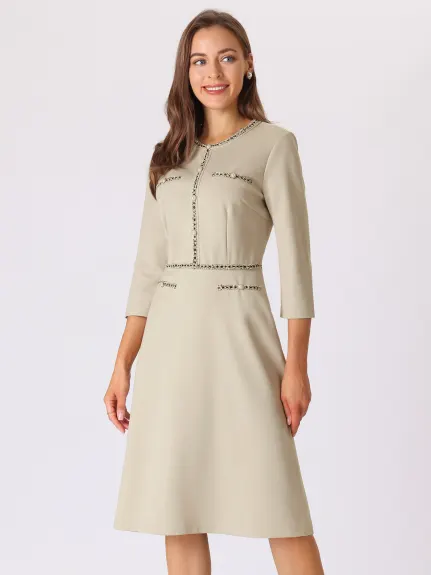 Hobemty- A-Line Contrast Color Tweed Trim Dress