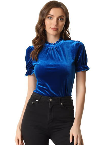 Allegra K- Ruffle Collar Short Sleeve Velvet Blouse