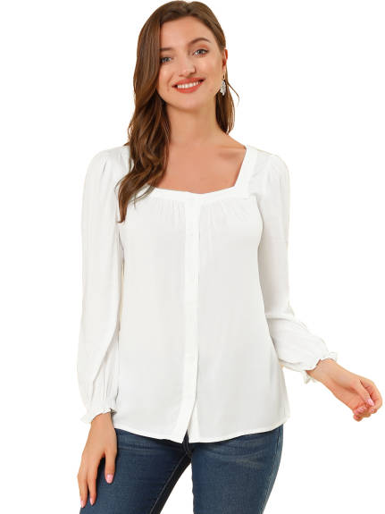 Allegra K - Tie Back Puff Sleeve Square Neck Button Blouse