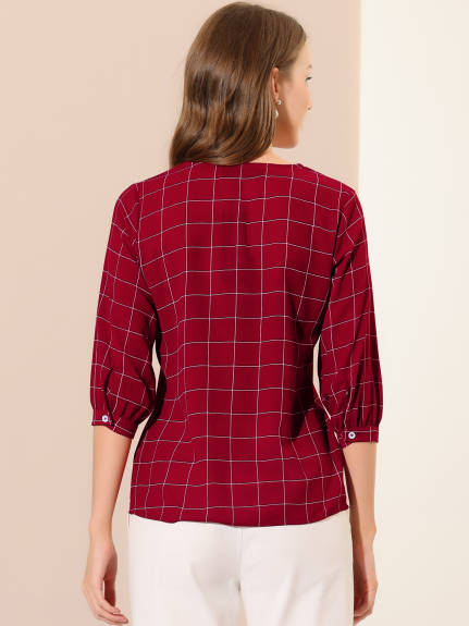 Allegra K- Half Sleeve Plaid Button Cuff V Neck Blouse