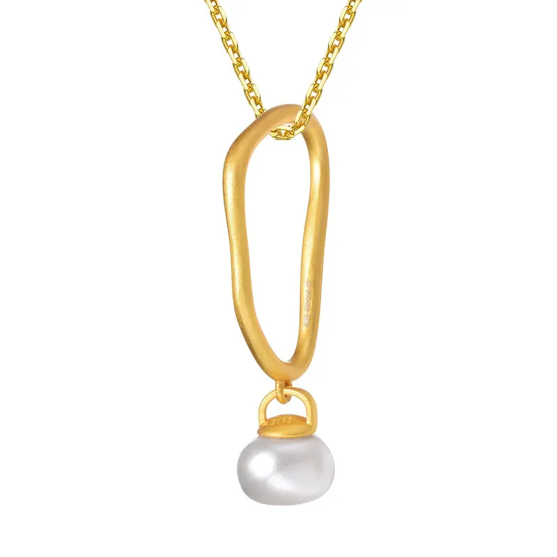 Genevive Sterling Silver 14k Gold Plated 9-10MM Genuine Freshwater Button Pearl Pendant Necklace