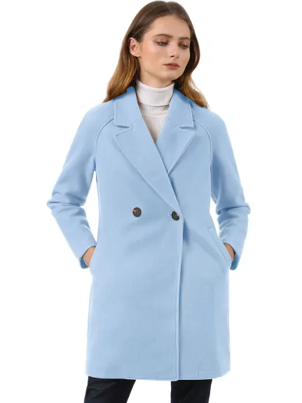 Allegra K- Double Breasted Lapel Raglan Sleeve Mid Length Overcoat