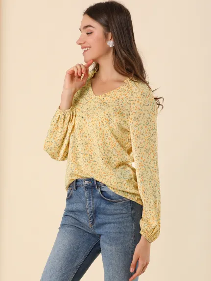 Allegra K - Blouse florale à petites fleurs et manches longues à col volanté