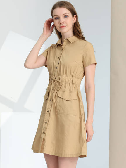 Allegra K- Button Down Cotton Flare Shirt Dress