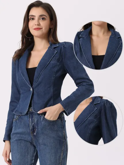 Allegra K- Notched Lapel Long Sleeve Denim Jacket