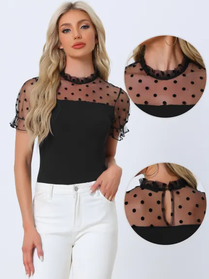 Allegra K - Polka Dots Mesh Short Sleeve Bodysuit