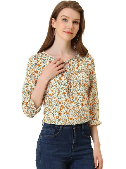 Allegra K- Tie V Neck Ruffled 3/4 Sleeve Floral Blouse