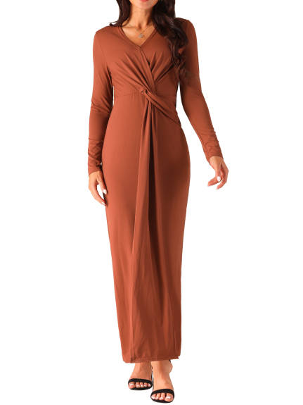 Allegra K - Long Sleeve V-Neck Split Hem Bodycon Maxi Dress