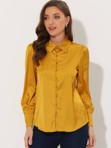 Allegra K- Satin Puff Sleeve Blouse Shirt