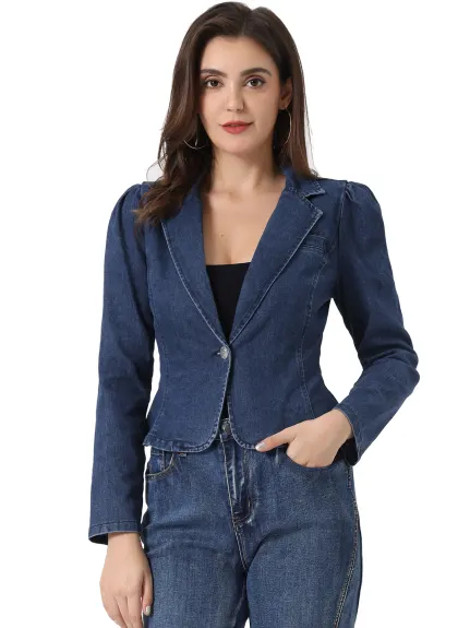 Allegra K- Notched Lapel Long Sleeve Denim Jacket