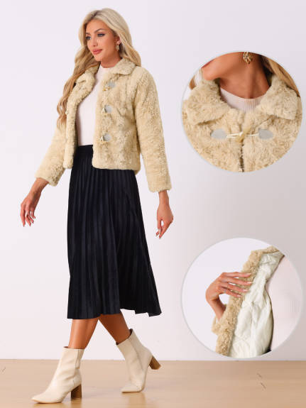 Allegra K - Faux Fur Collar Cropped Fluffy Coat