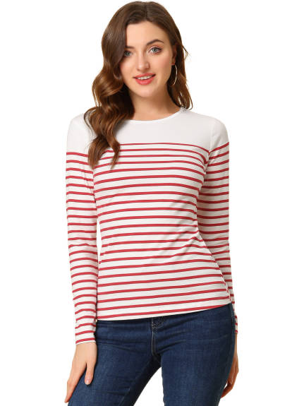 Allegra K- Color Block Long Sleeve Stripe T-Shirt