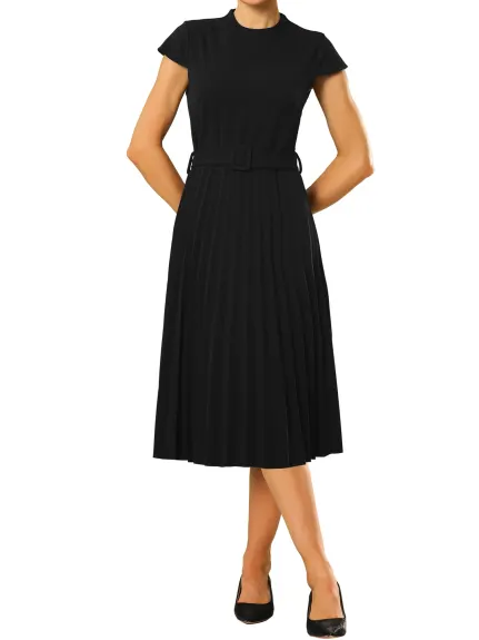 Hobemty- Mock Neck Belted A-Line Pleated Dress