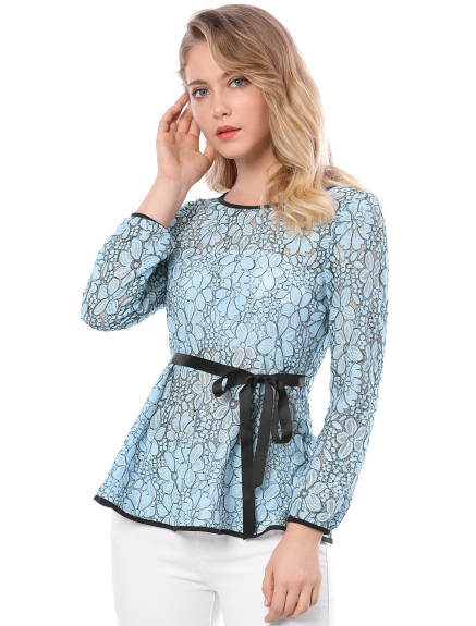 Allegra K- Tie Waist Lace Peplum Blouse