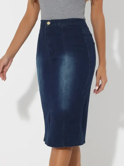 Allegra K- Jupe crayon en denim fendue à taille élastique