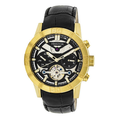 Montre automatique Heritor Hannibal semi-squelette avec bracelet en cuir - Or rose/noir