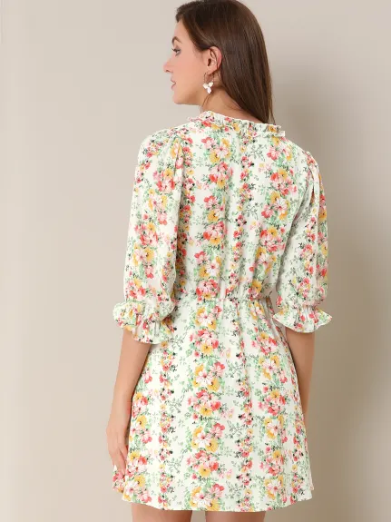 Allegra K- Ruffle 3/4 Sleeve A-Line Floral Flare Dress