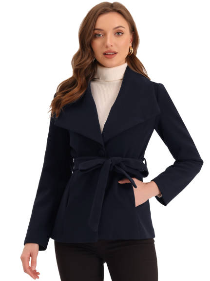 Allegra K - Lapel Collar Belted Short Pea Coat