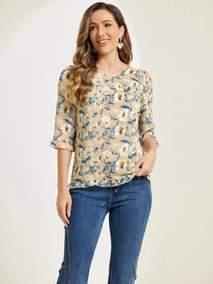 Allegra K- Blouse florale en mousseline à manches 3/4 et à volants