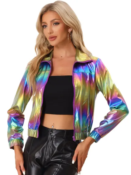 Allegra K- Holographic Lightweight Zipper Jacket