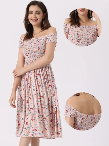 Allegra K- Off Shoulder Floral Smocked Dress