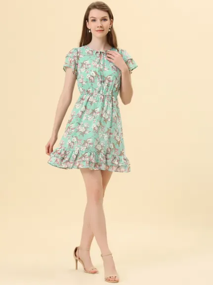 Allegra K- robe en mousseline de soie florale à manches volants col V