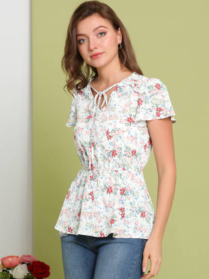 Allegra K - Summer Floral Flutter Sleeves Tie Neck Peplum Top