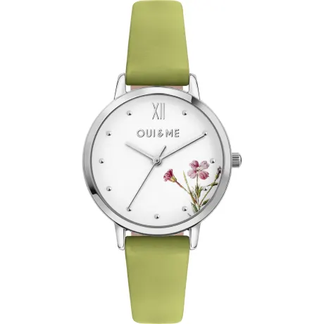 OUI & ME-Fleurette 32mm 3 Hand Pink Raised Flowers Dial Watch With Stainless Steel Mesh Bracelet