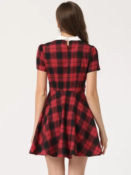 Allegra K- Peter Pan Collar Puff Sleeves Above Knee Plaid Grid Dress