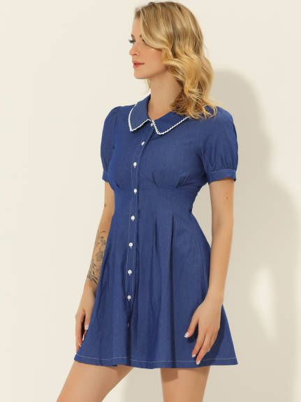 Allegra K- Puff Short Sleeve Flared Button Front Shirt Dress