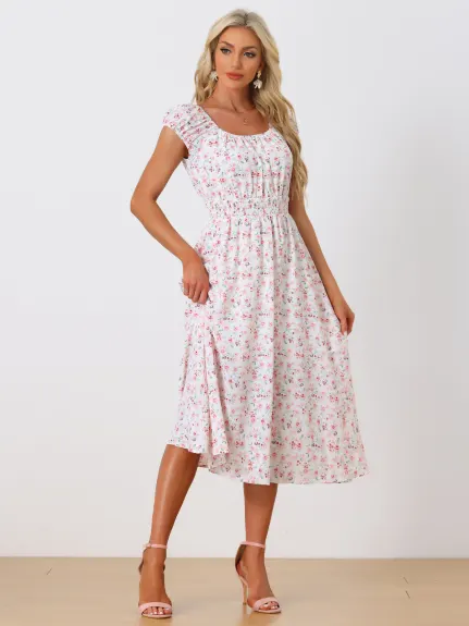 Allegra K - Floral Square Neck Flare Midi Dress