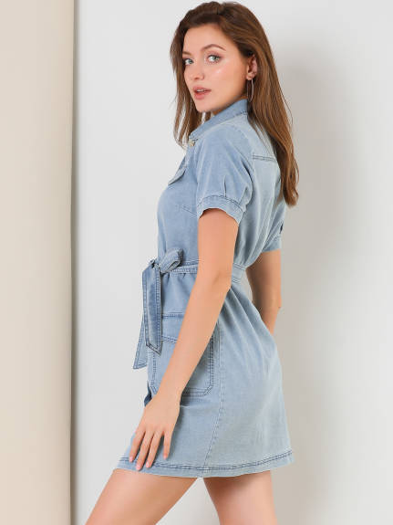 Allegra K- Belted Jean Denim ShirtDress