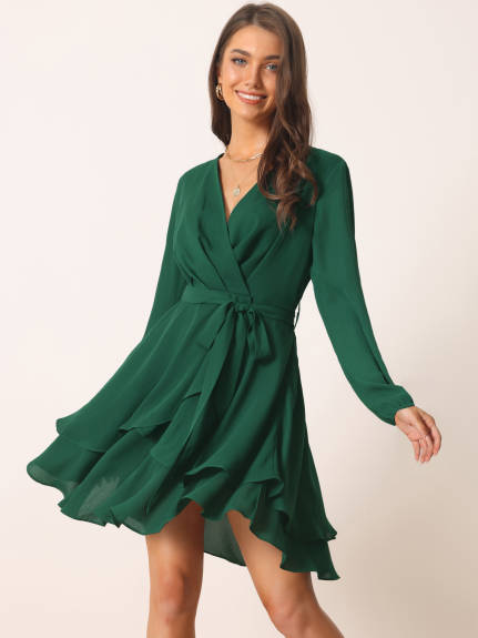 Allegra K- Deep V Neck Wrap Long Sleeve Belted Mini Skating Flowy Dress