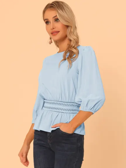 Allegra K- Blouse en Peplum manches 3/4 taille Smocked