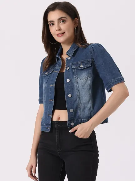 Allegra K- Veste en jean courte boutonnée