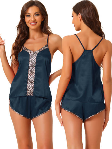 cheibear - Satin Leopard Cami Top with Shorts Lounge Set