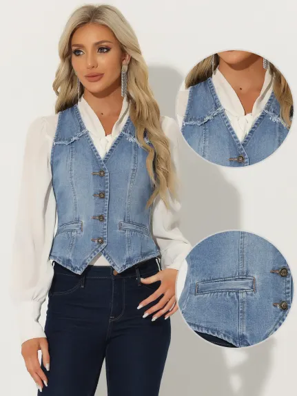 Allegra K- V veste en Jean délavé