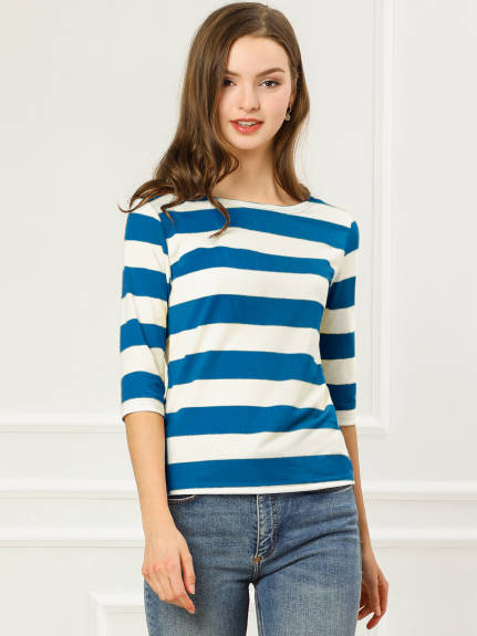 Allegra K- Boat Neck Elbow Sleeve Slim Fit Stripe T-Shirt