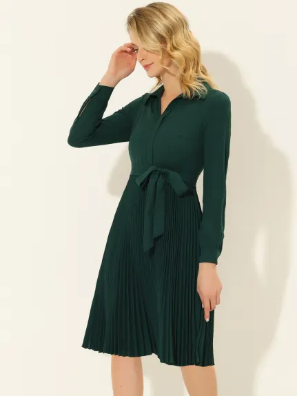 Allegra K- A-Line V Neck Turn Down Collar Belted Pleated Dress