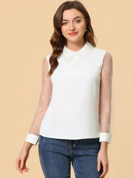 Allegra K - Sheer Mesh Long Sleeve Elegant Lace Collar Top