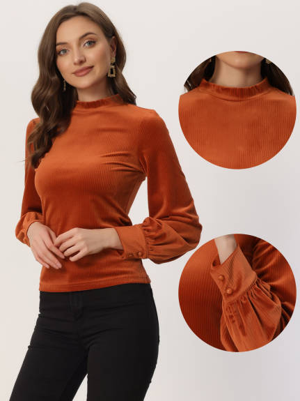 Allegra K- Velvet Crew Neck Puff Long Sleeve Velour Blouse