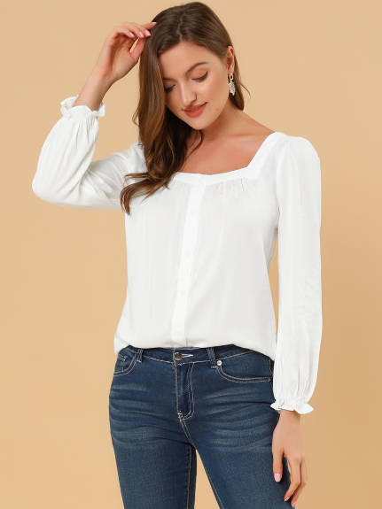 Allegra K - Tie Back Puff Sleeve Square Neck Button Blouse